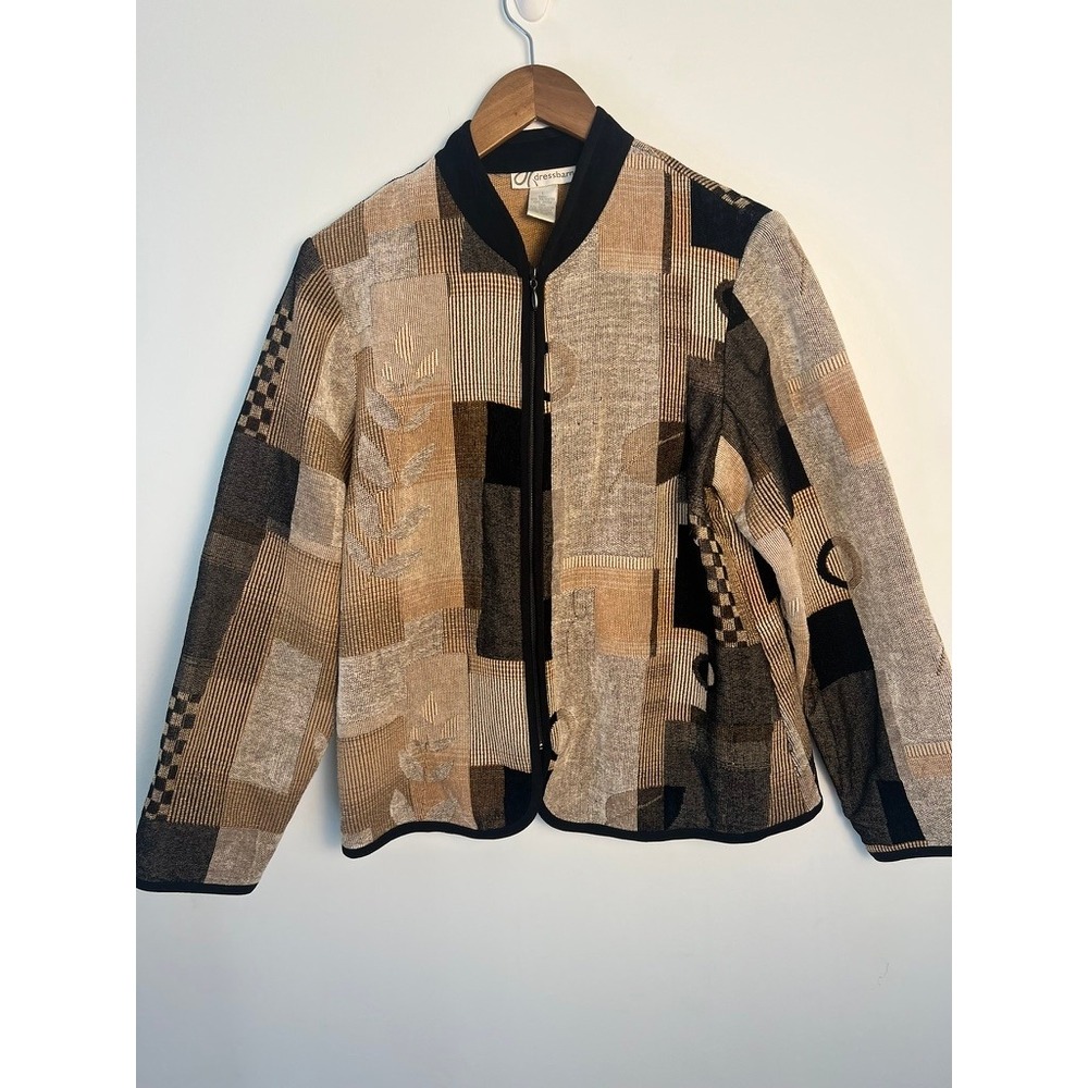 VTG Dressbarn Patchwork Tapestry Jacket Wm LG Tan Black Zip Bomber Granny Patch